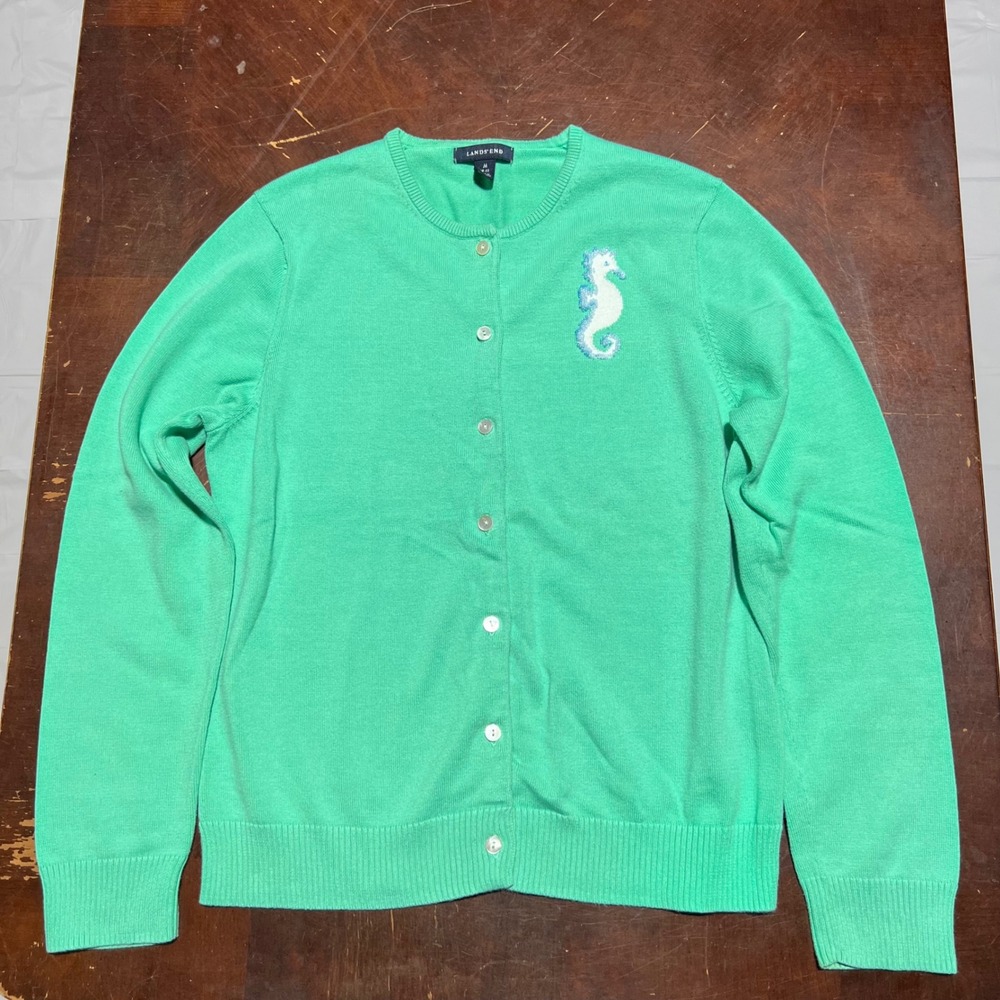 Lands End Green Supima Cotton Beaded Seahorse Cardigan Sweater Medium 10-12